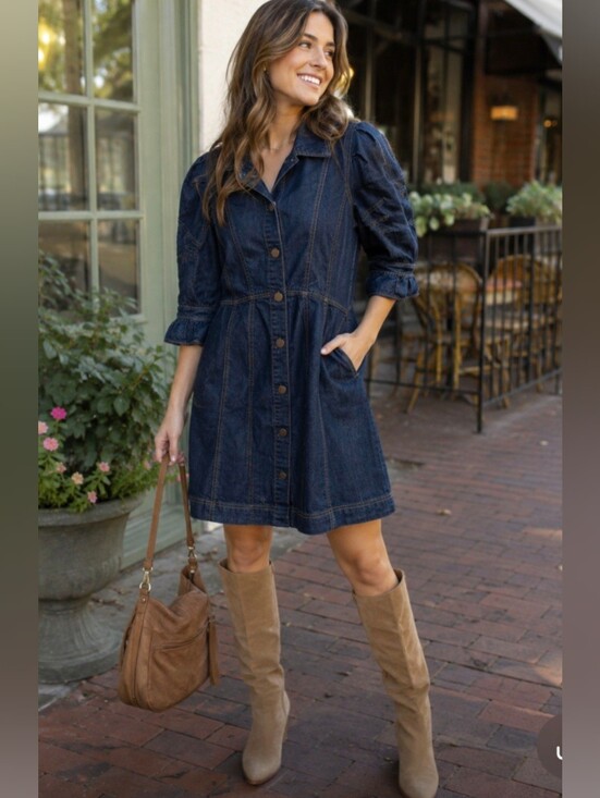 Anthropologie Dresses & Skirts - Anthropologie Denim Puff Sleeve Mini Dress Dark Wash Button‎ Front 10P OB2033924